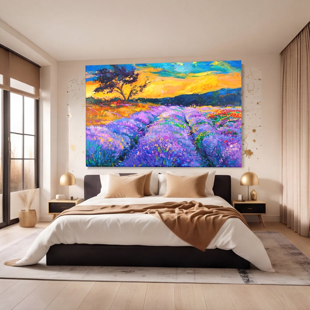 Tablou canvas cu pictura camp de lavanda la apus, fara rama, pe sasiu de lemn, pe perete intr-un dormitor